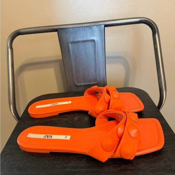 Zara Neon Orange Studded Square Toe Slide Sandals Statement Minimalist EU38 7.5 - Picture 2 of 10
